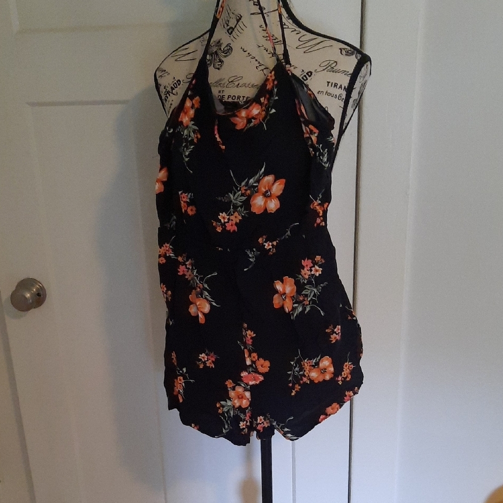 Floral Strapped Romper - Black and Orange